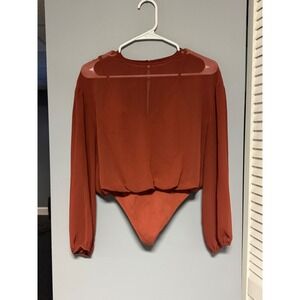 Wilfred Aritzia Sheer Long Sleeve Bodysuit Chiffon Keyhole‎ Back Rust Orange XS